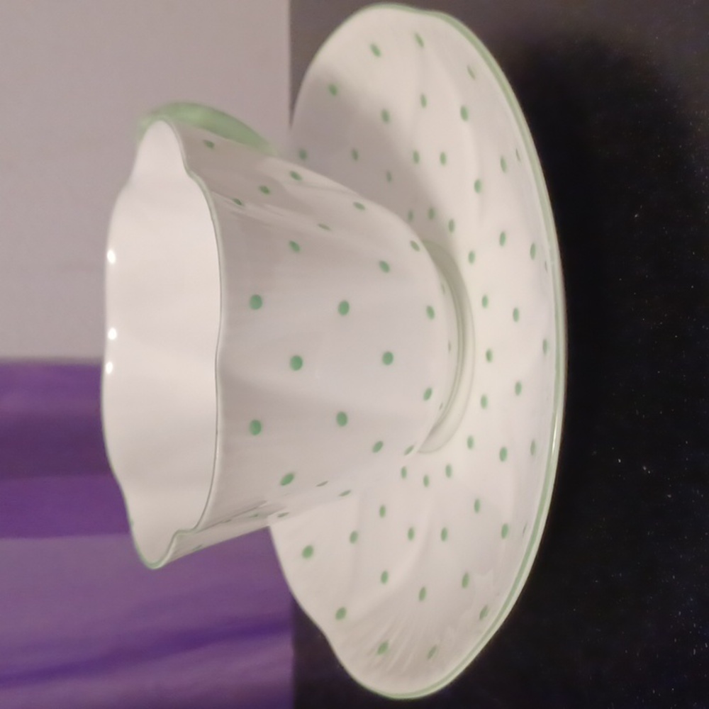 Shelley England Fine Bone China Cup and Saucer White w/ Green Polka Dots